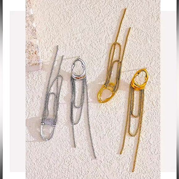 Gold Stainless Steel Silver Geometric Dangle Earrings - Picture 5 of 10